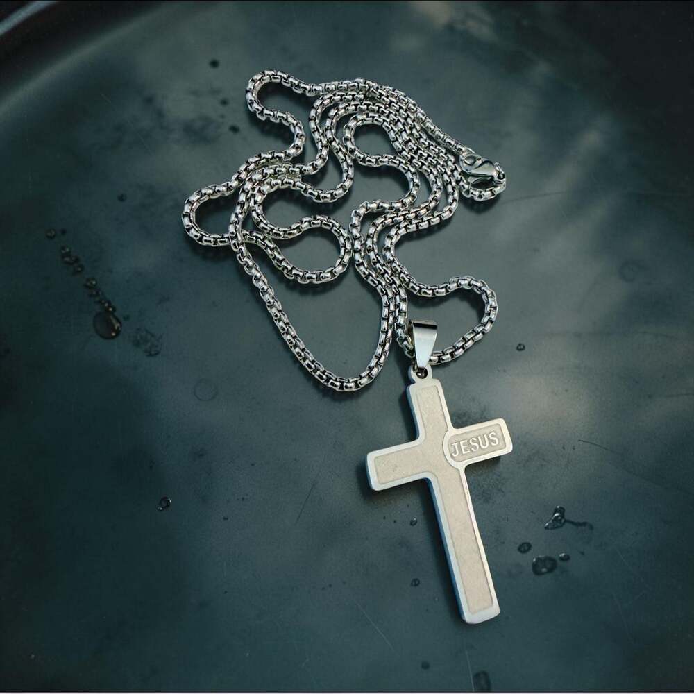 Men's Stainless Steel Jesus Inscription Cross Pendant Necklace